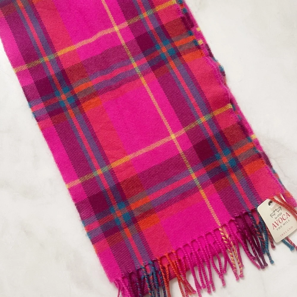 Hot Pink Check Woven Merino Scarf from Avoca The Mill Ireland